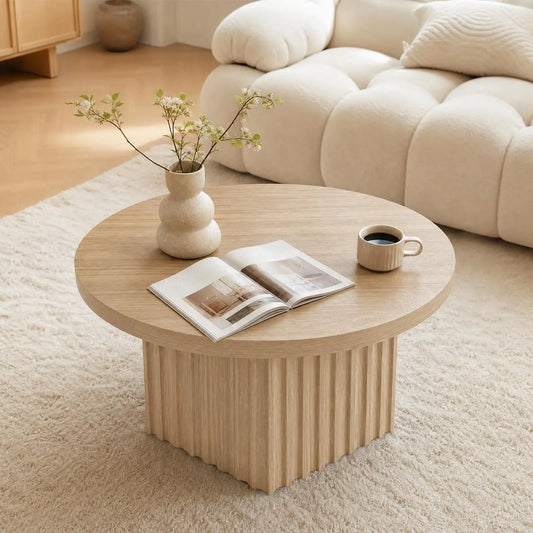 HiMISS Modern Fluted Round Coffee Table Wood Pedestal Base