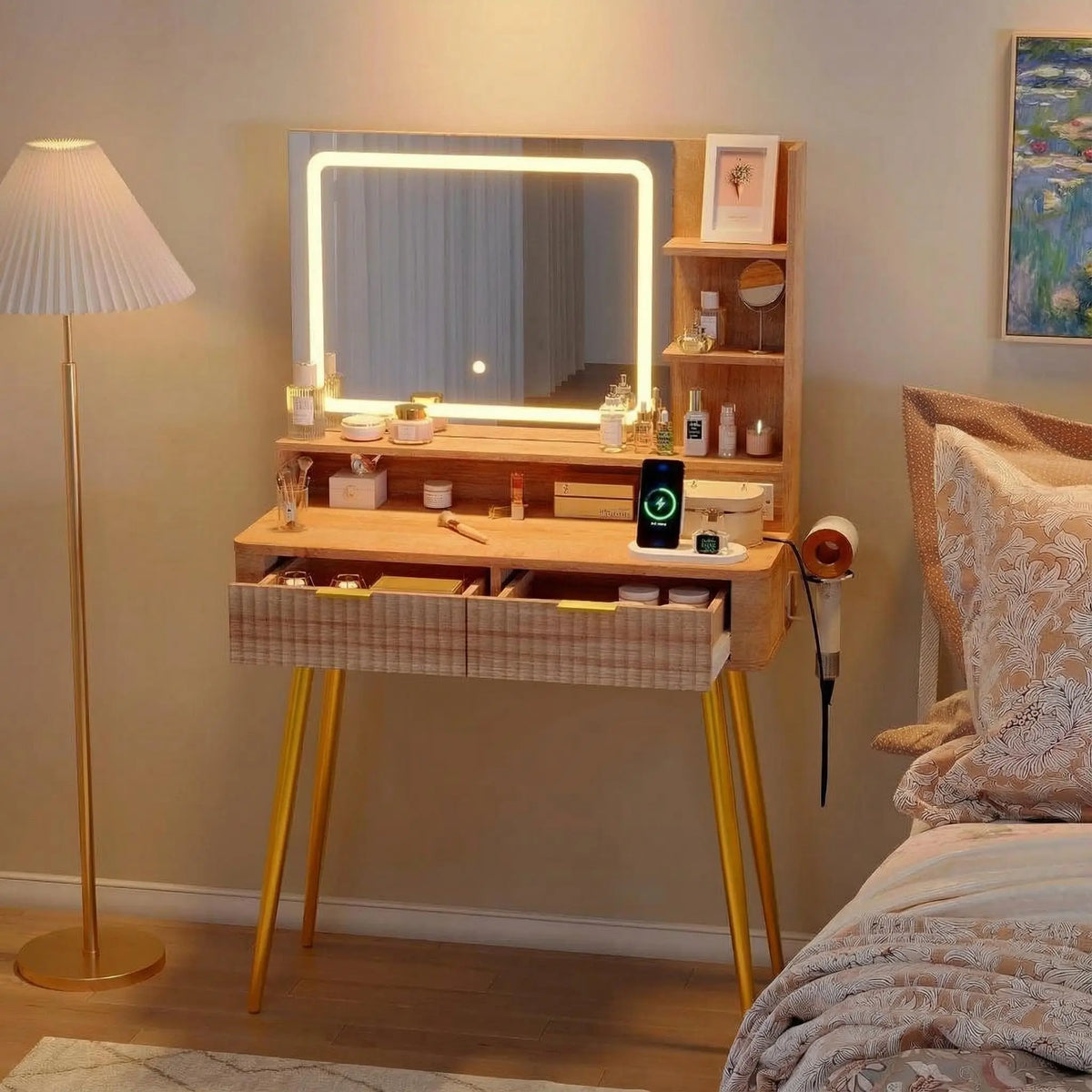 HiMiss Led Vanity Table With Lighted Mirror Storage Drawers