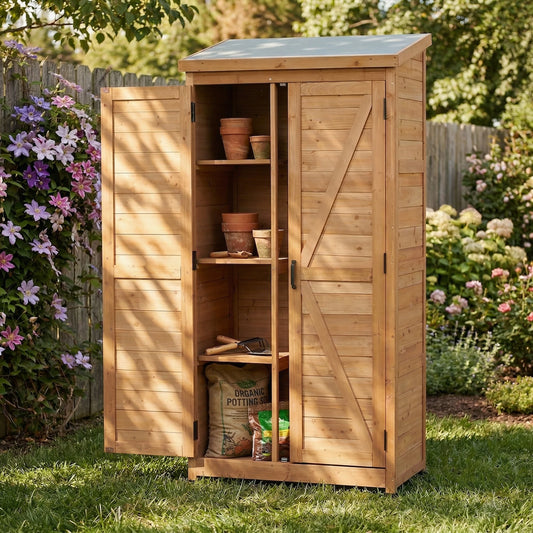 Weatherproof Solid Fir Wood Vertical Storage Shed With Metal Roof