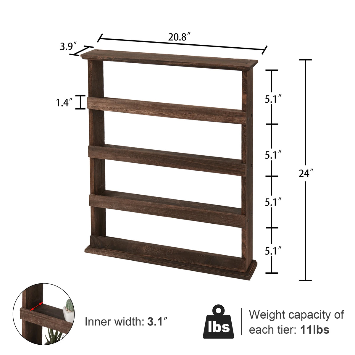 Rustic Torched Wood Bamboo Wall Mounted 4-Tier Spice Rack Organizer
