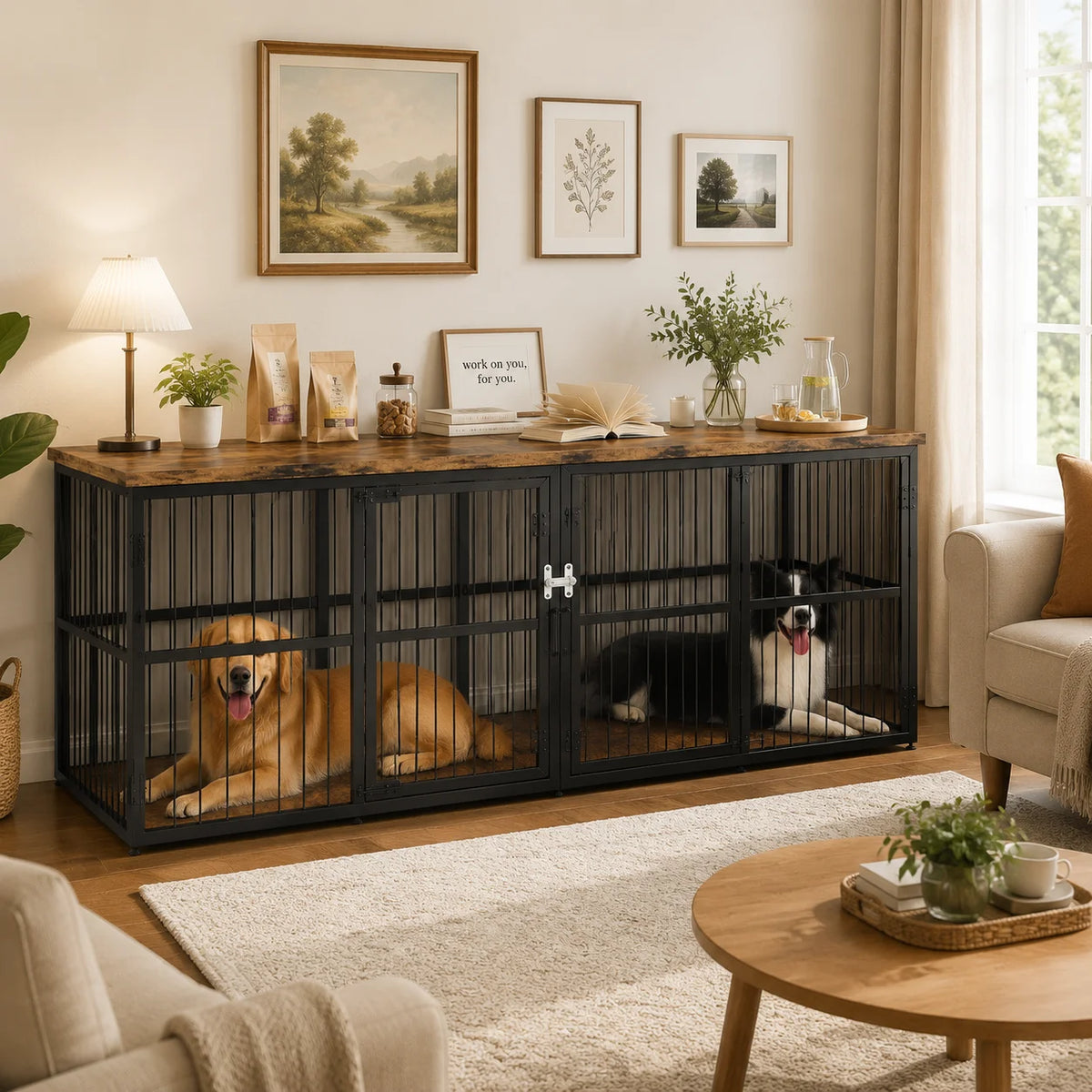 Double Wooden Dog Crate Furniture Cabinet With Divider And Storage