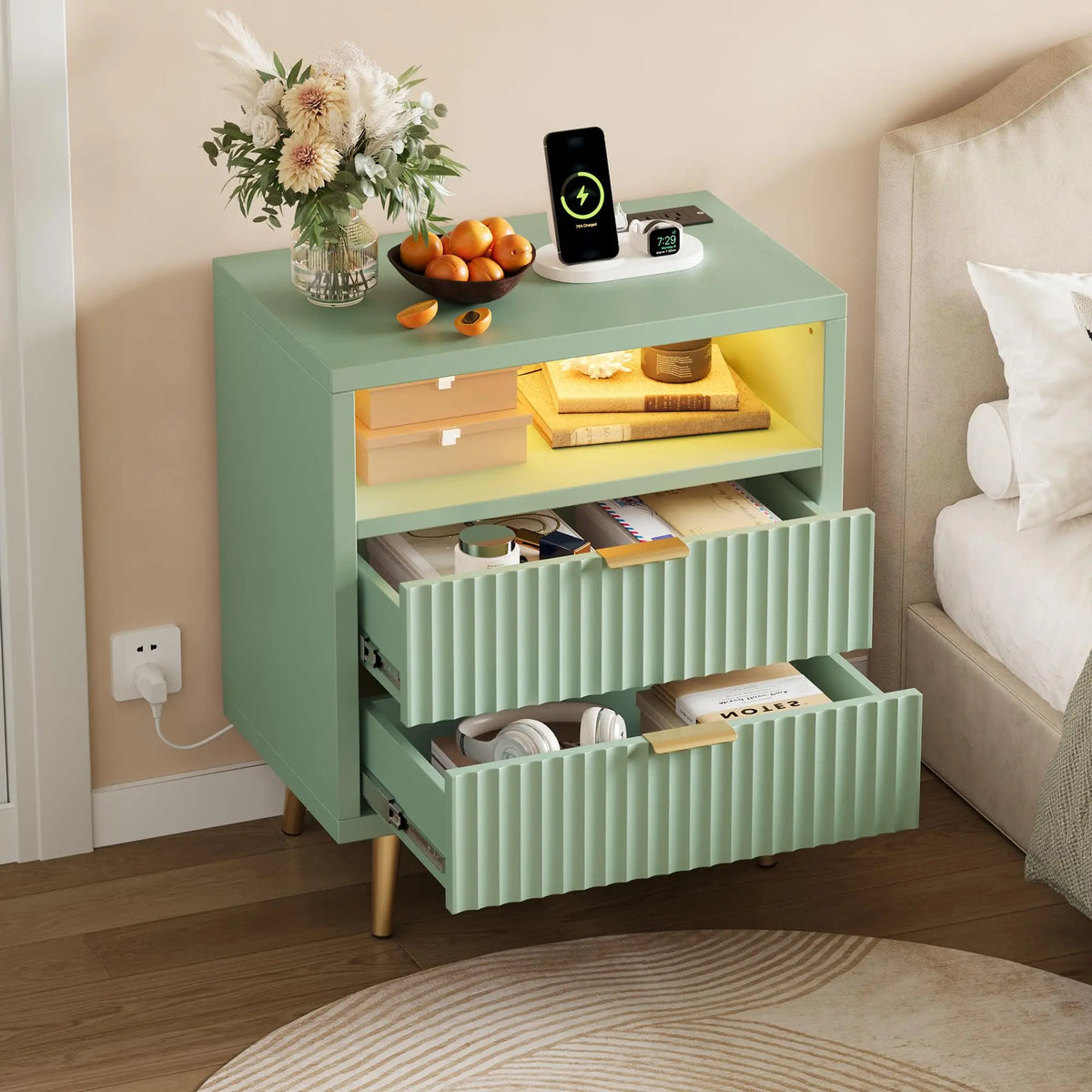 HiMISS Modern LED Nightstand With Charging Station And Two Drawers