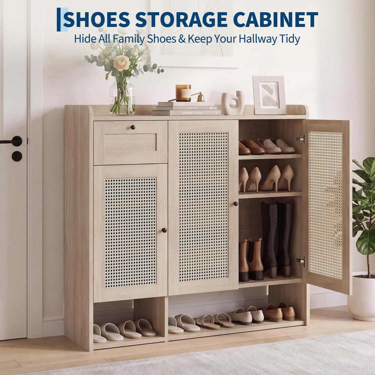 HiMISS Bamboo Rattan Shoe Cabinet With Drawer And Adjustable Shelf