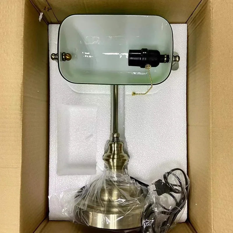 Glass Banker’s Desk Lamp With Zipper Switch Iron Body