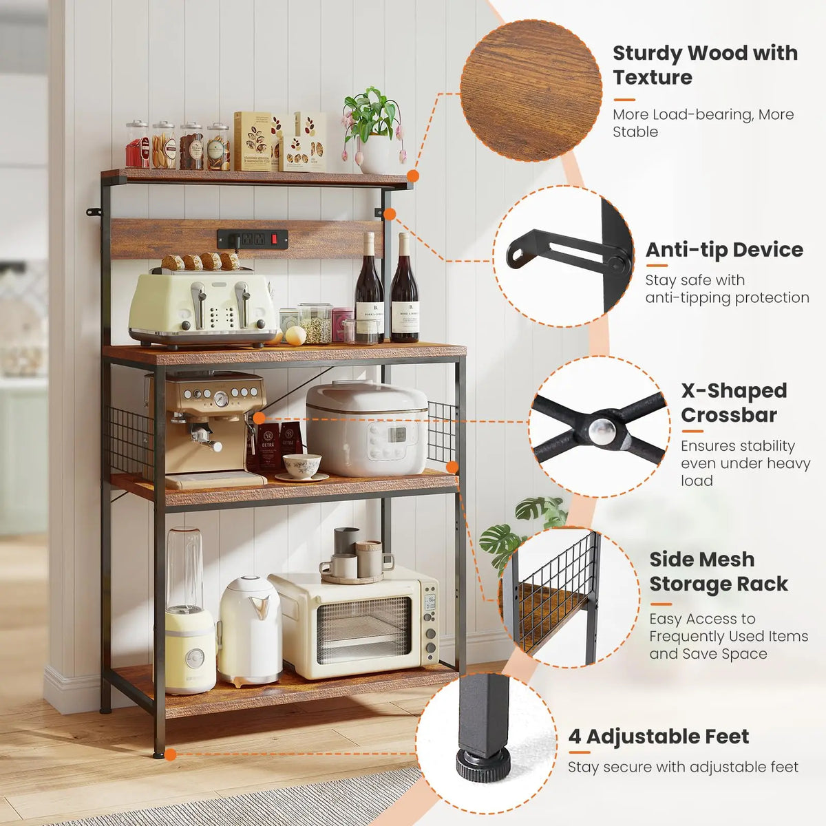 JHK Adjustable Four Tier Kitchen Baker Rack With Power Outlet