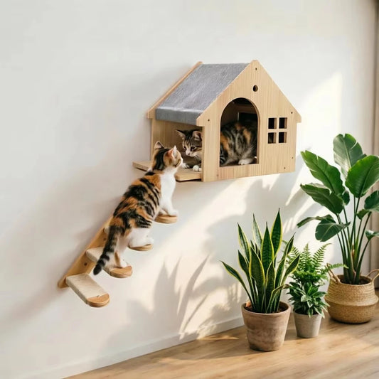Wooden Wall Mounted Cat Condo Floating Shelf Villa