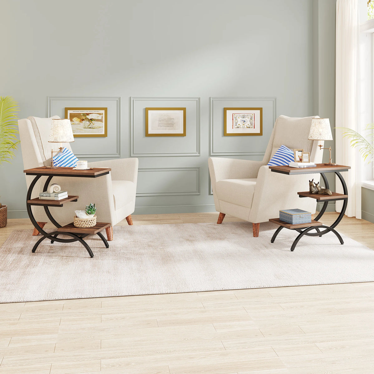 Tribesigns Industrial C Shaped End Table With Three Tier Storage