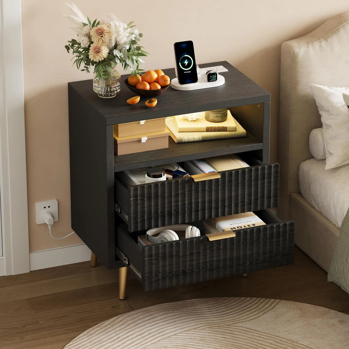 HiMISS Modern LED Nightstand With Charging Station And Two Drawers