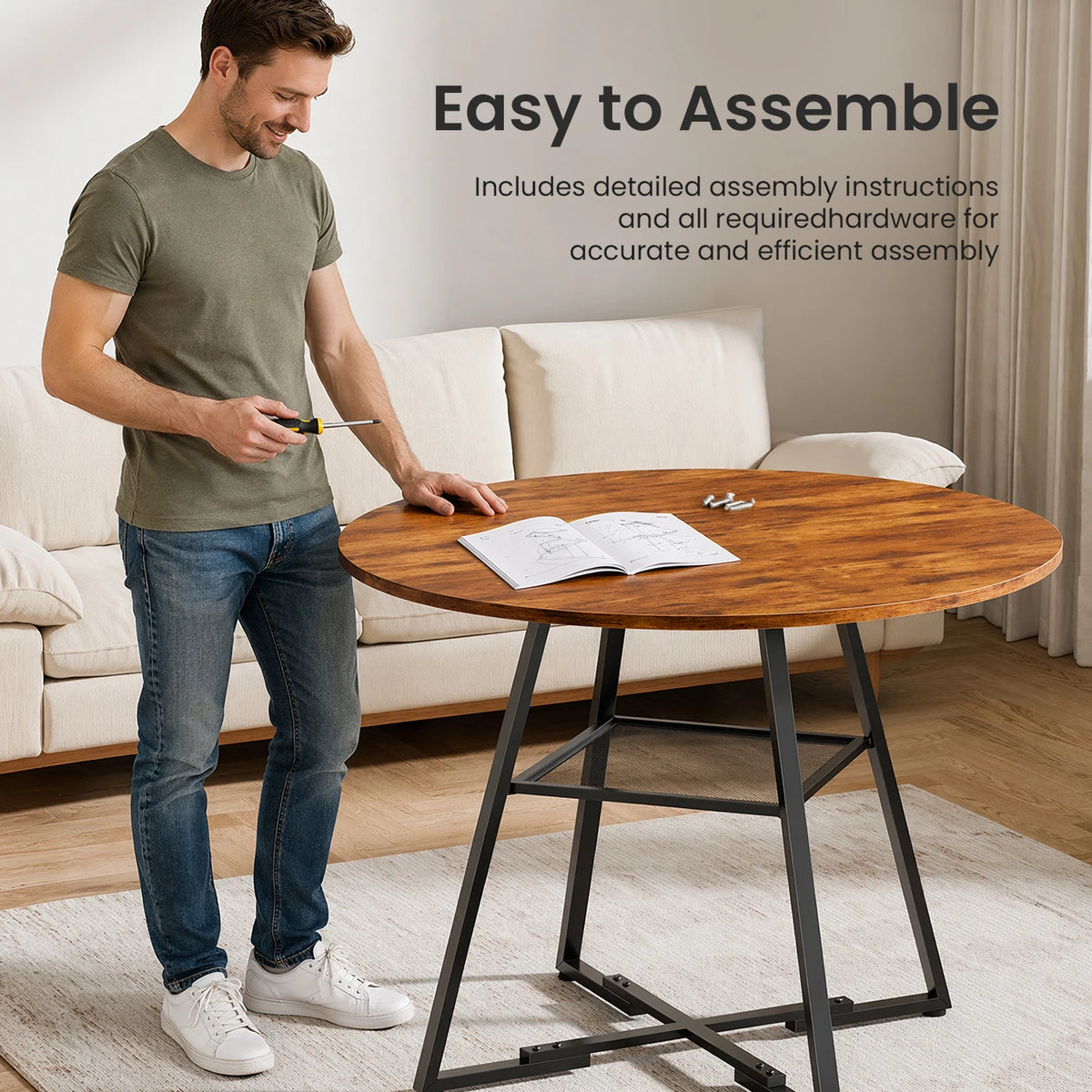 JHK Round Dining Table With Metal Pedestal And Storage Shelf