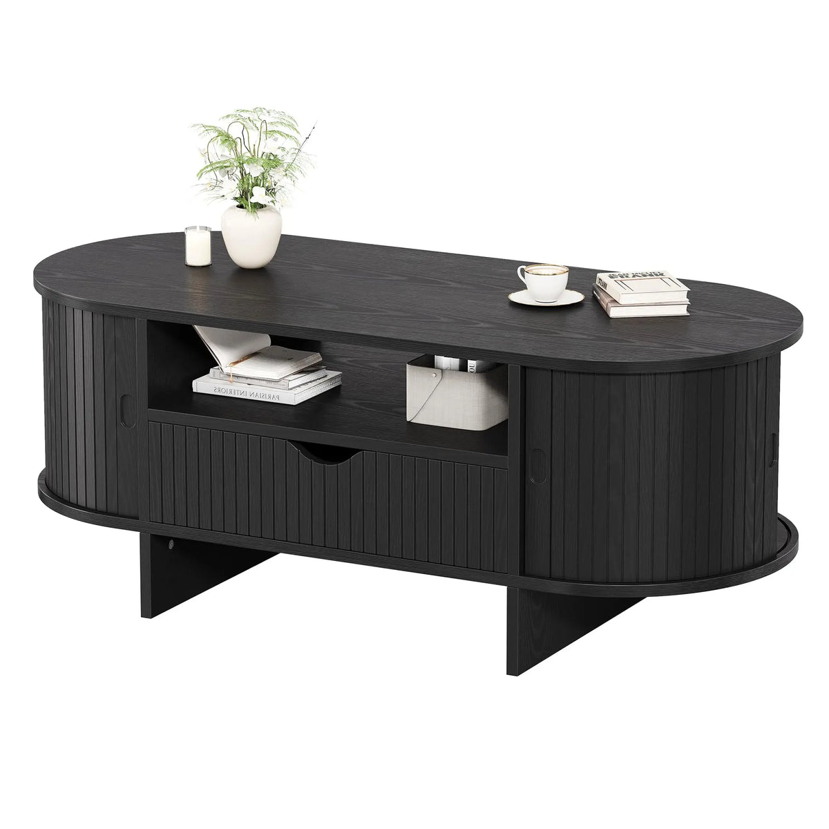 HiMISS Modern Fluted Oval Coffee Table With Drawer Cabinets