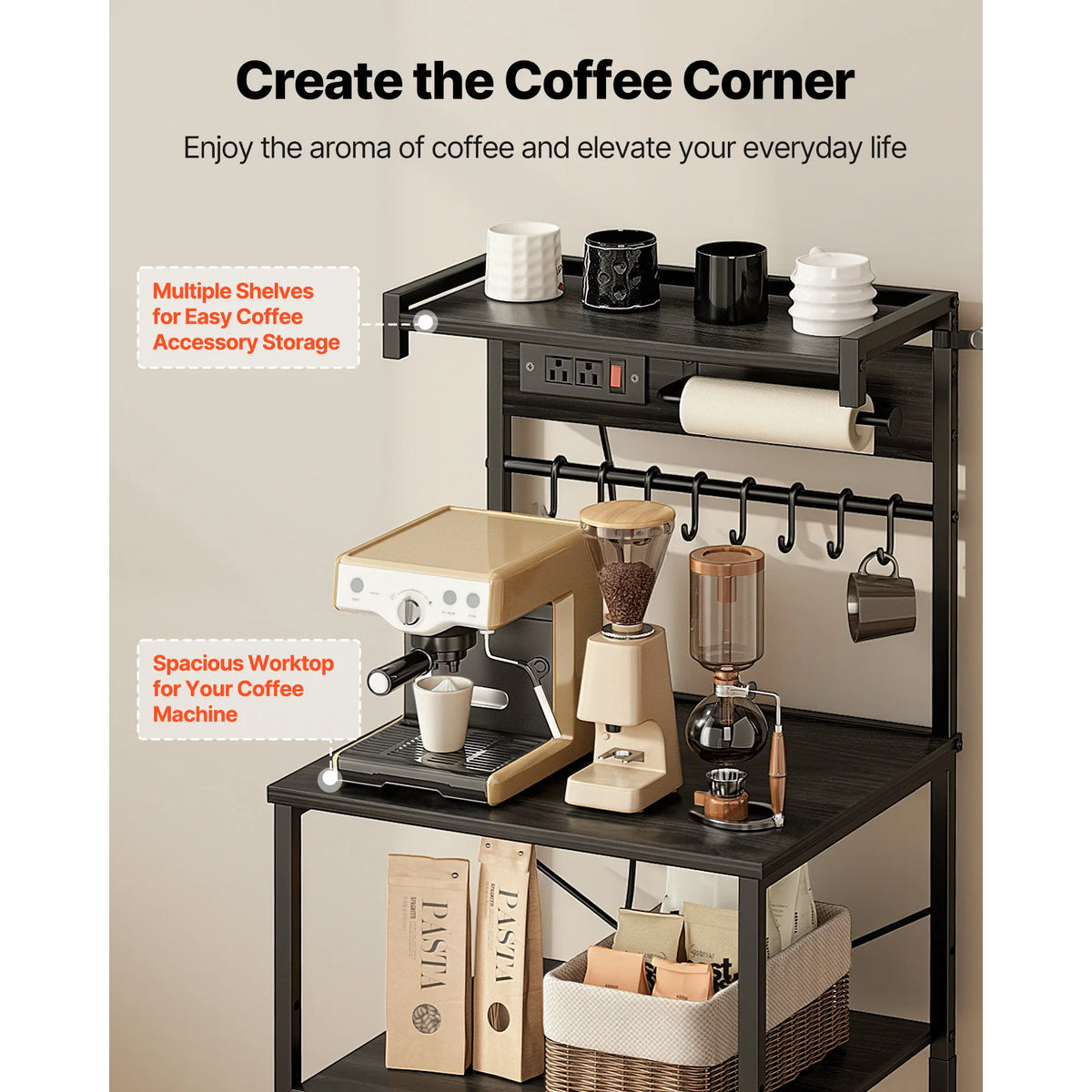 Kitchen Baker Rack With Built In Power Strip Spice Hooks