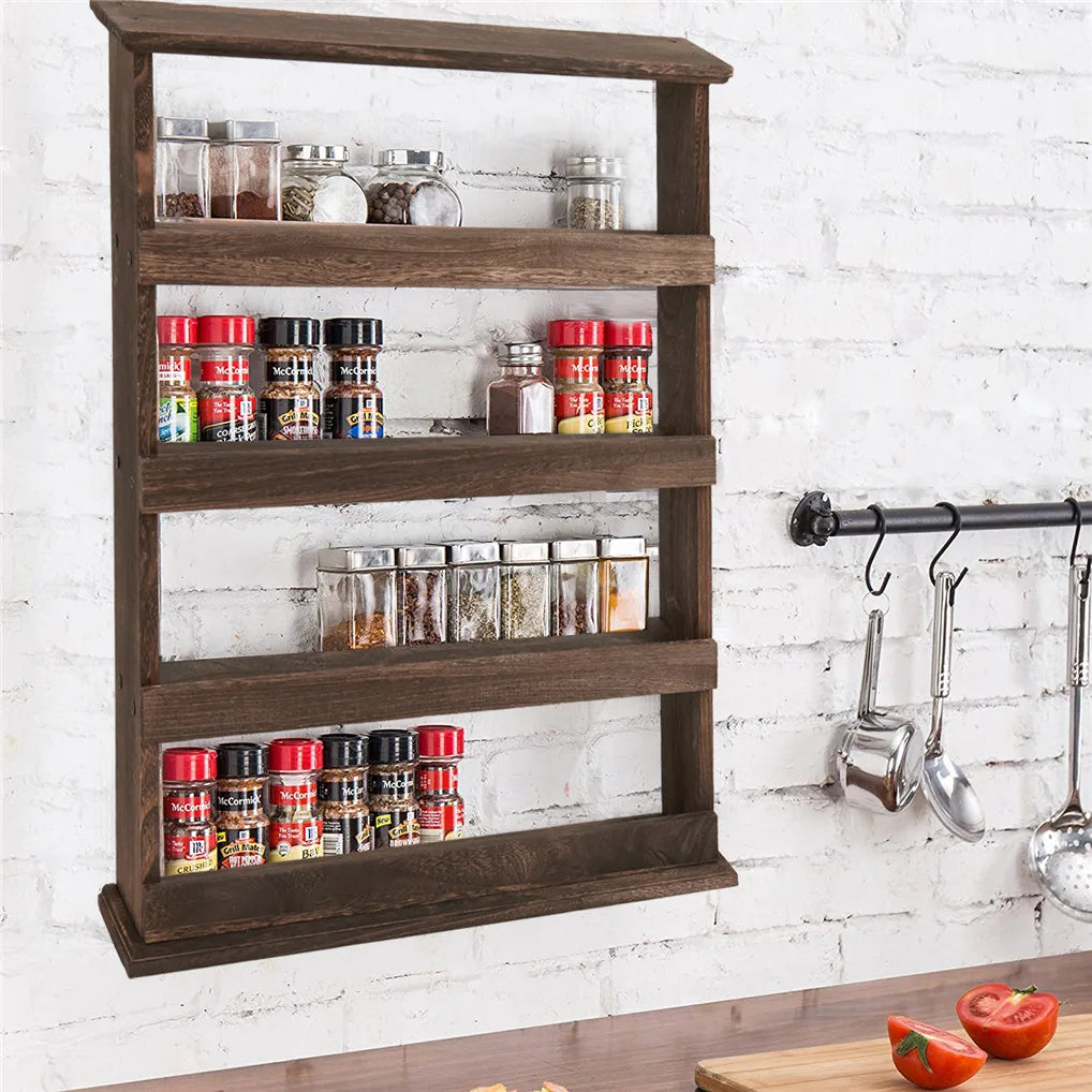Rustic Torched Wood Bamboo Wall Mounted 4-Tier Spice Rack Organizer