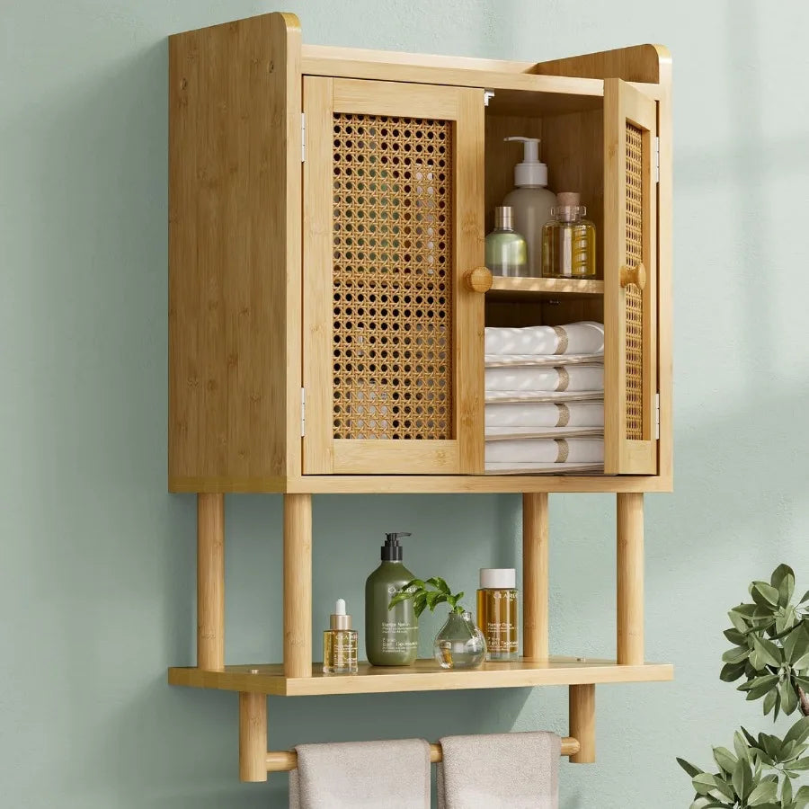 Xiuwo Bamboo Over Toilet Cabinet With Towel Bar For Bathroom