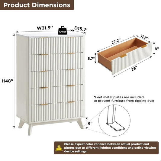 Modern Fluted Five Drawer Wooden Dresser For Bedroom Storage
