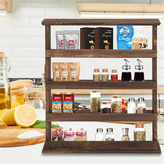 Rustic Torched Wood Bamboo Wall Mounted 4-Tier Spice Rack Organizer