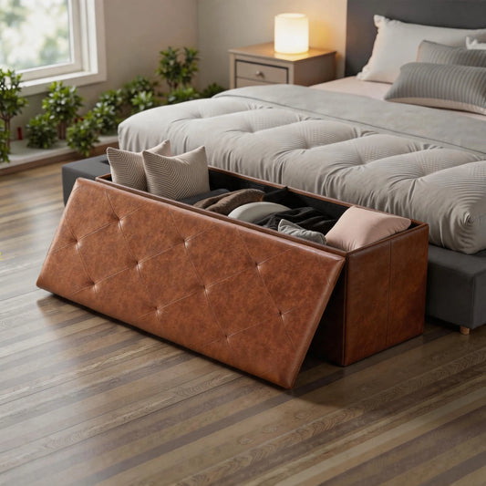 Tufted Faux Leather Folding Storage Bench Ottoman