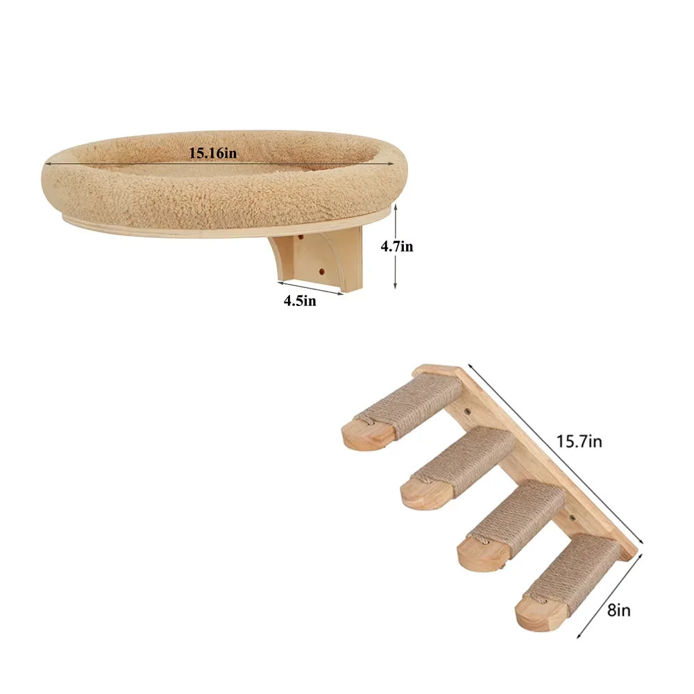 Wall Mounted Wooden Cat Ladder With Hammock And Scratching Post