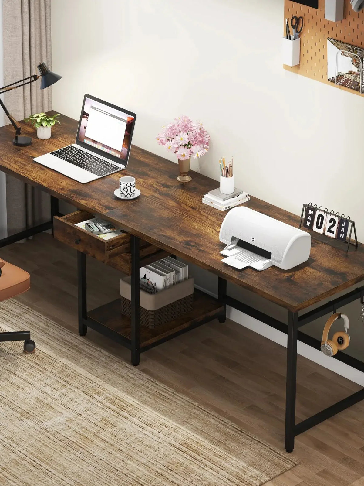 Tribesigns Wooden Double Computer Desk With Drawers And Shelves