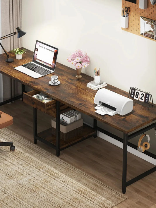 Tribesigns Wooden Double Computer Desk With Drawers And Shelves