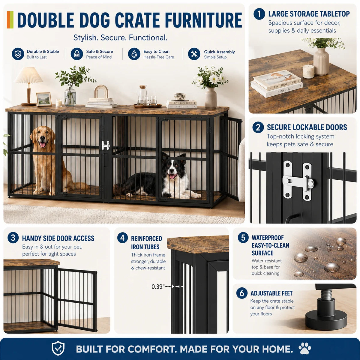Double Wooden Dog Crate Furniture Cabinet With Divider And Storage