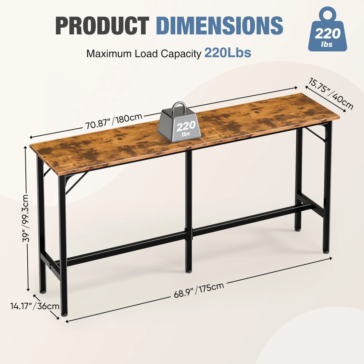 JHK Rectangular Counter Height Bar Table With Metal Frame