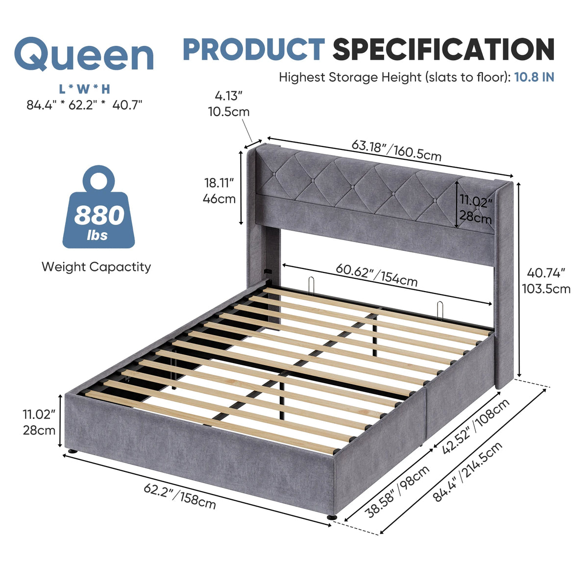 JHK Modern Upholstered Wingback Platform Bed With Hydraulic Lift Storage