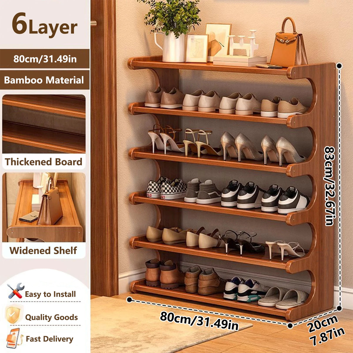 Space Saving Wooden Shoe Rack With Wood Grain Finish and Multi Layers