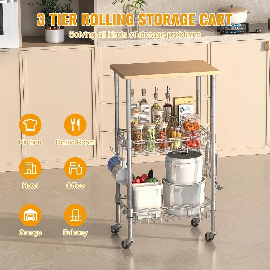 XIUWO 3-Tier Rolling Kitchen Cart with Casters and Adjustable Baskets