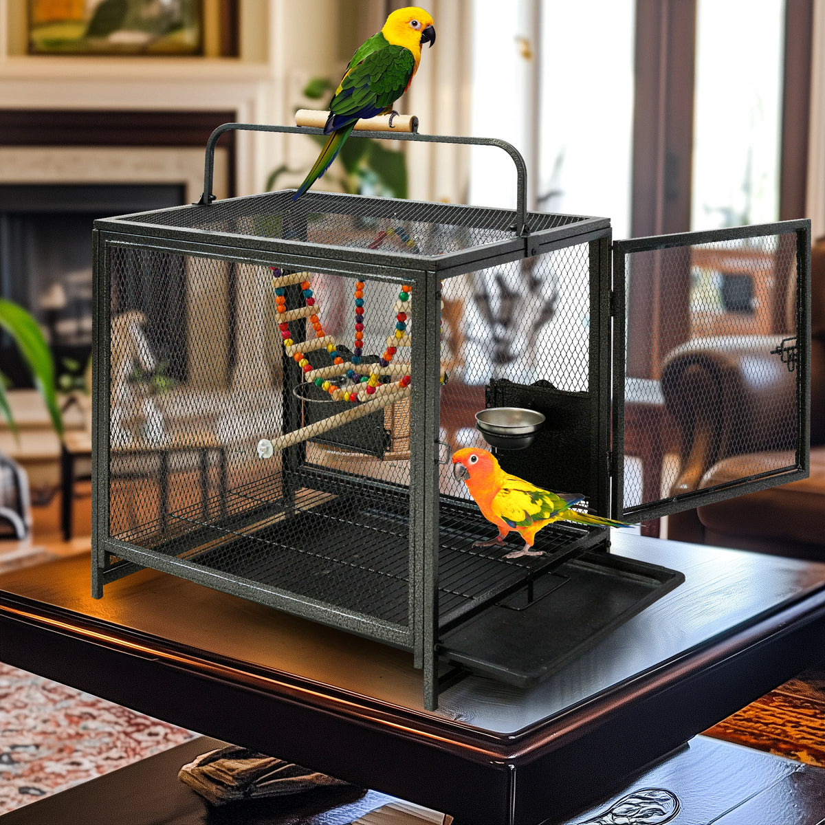 Wrought Iron Parrot Travel Cage With Wooden Perch Seed Guard