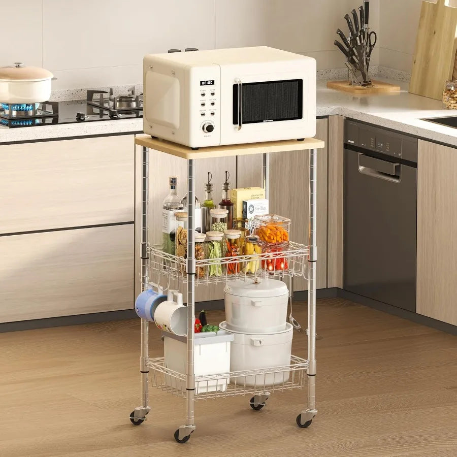 XIUWO 3-Tier Rolling Kitchen Cart with Casters and Adjustable Baskets