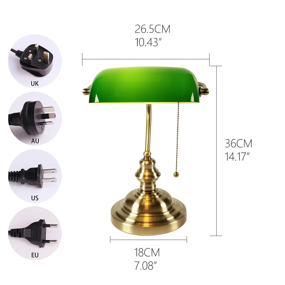 Glass Banker’s Desk Lamp With Zipper Switch Iron Body