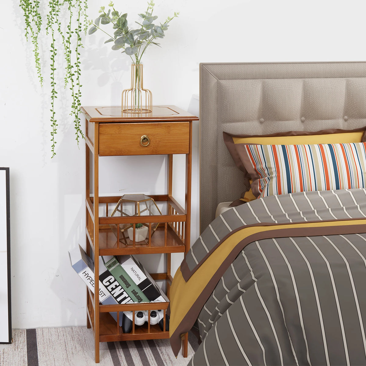 Luvodi Bamboo Bedside Table With Drawer And Storage Shelf