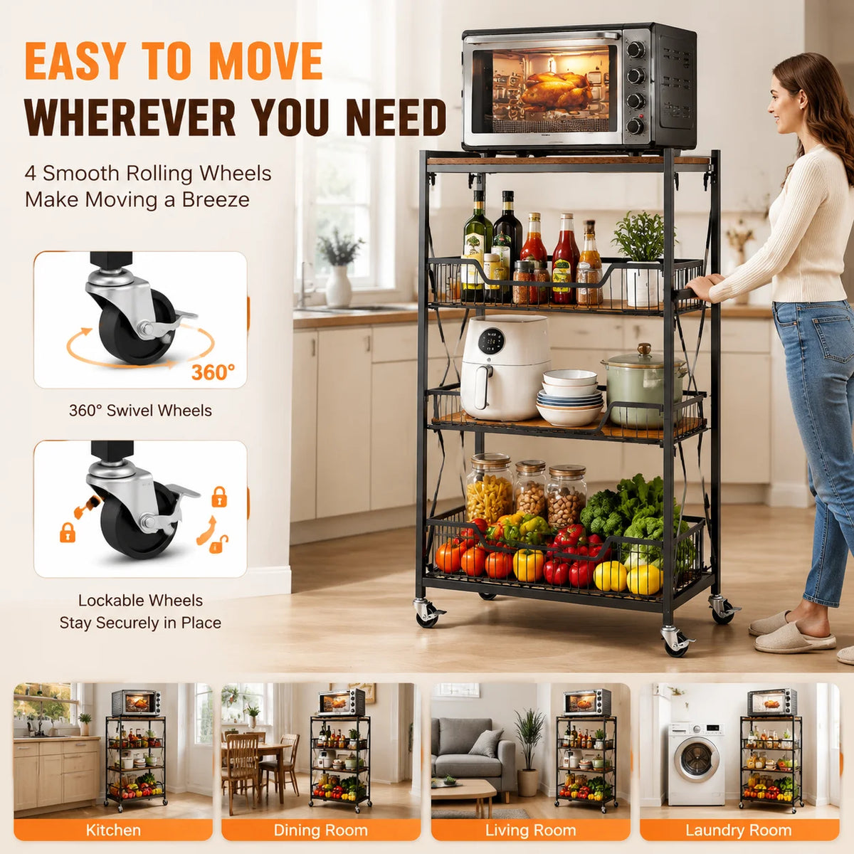 Four Tier Steel Foldable Storage Cart With Lockable Caster Wheels