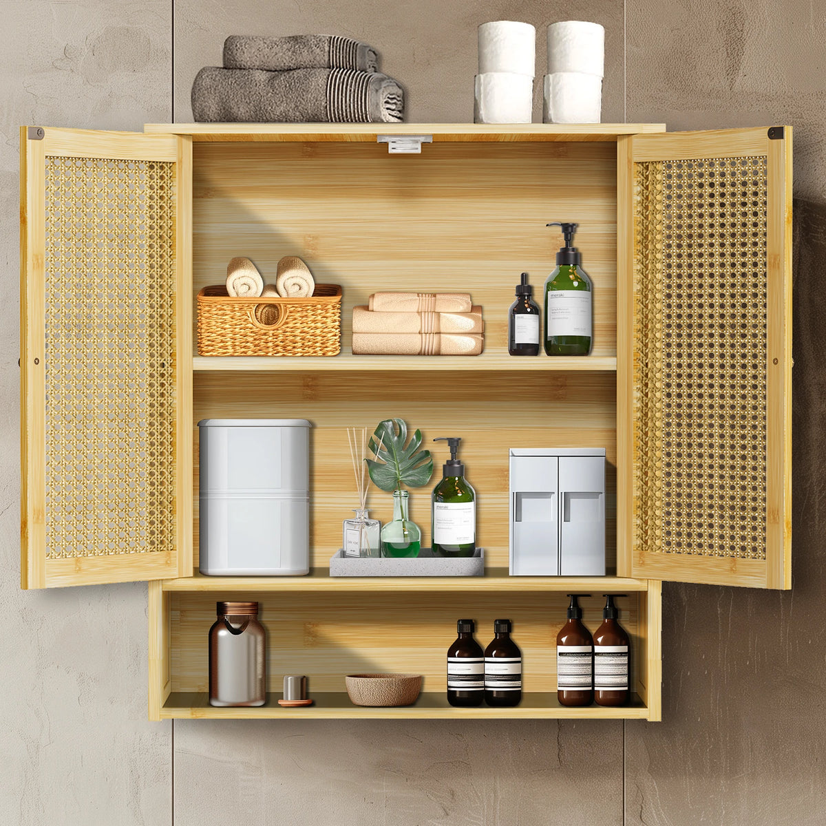 Bamboo Wall Cabinet With 3 Shelves And 2 Doors Bathroom