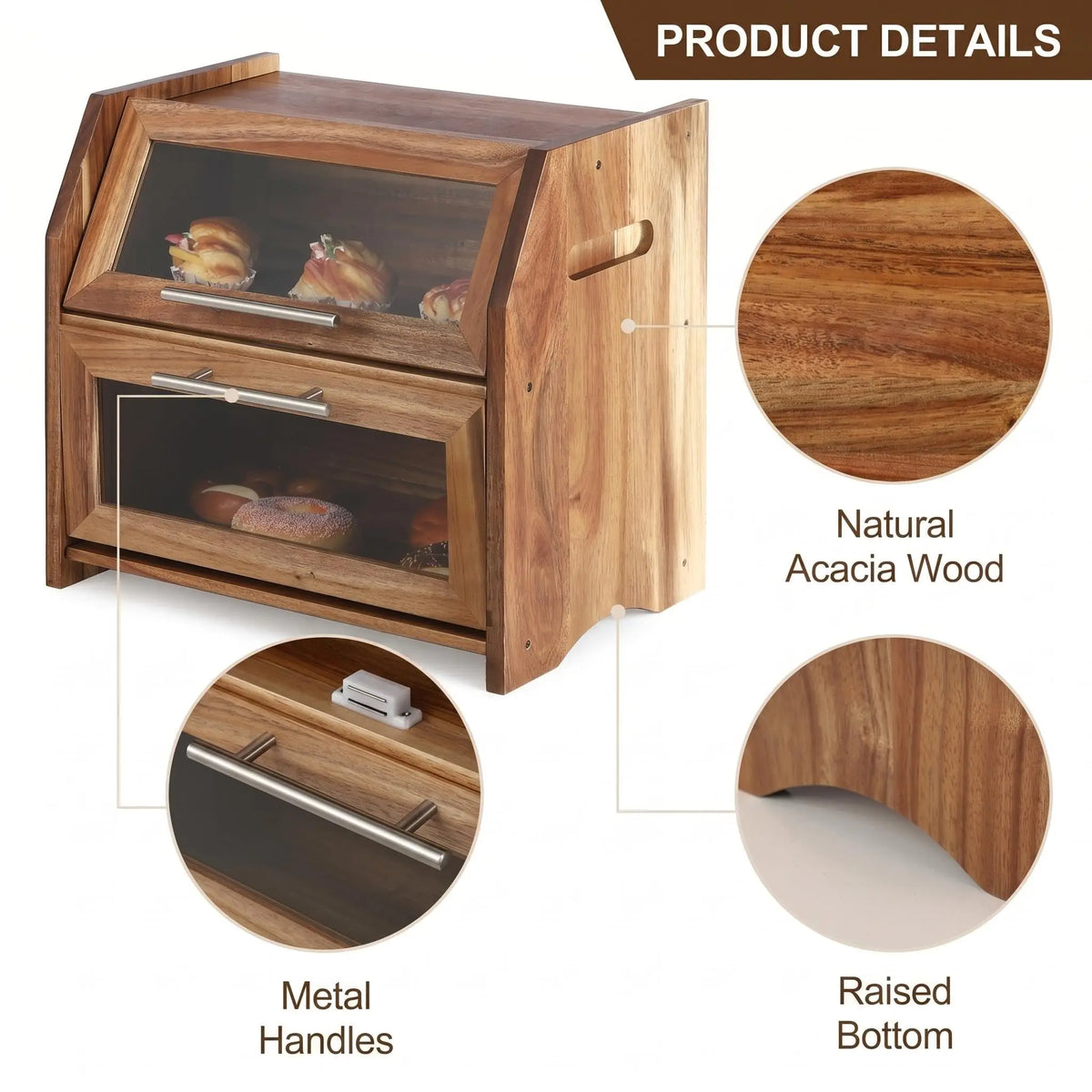 HiMISS Double Layer Acacia Wood Bread Box Clear Vented Doors
