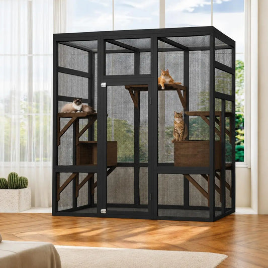 HiMiss Outdoor Catio Cat Enclosure Wooden Platform Rest Box