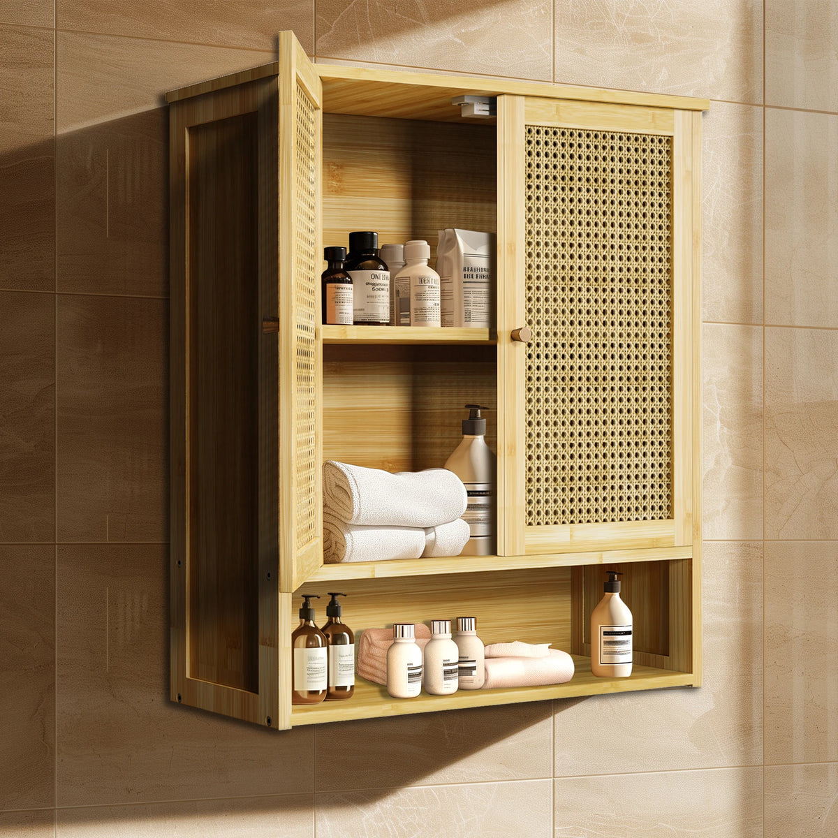 Bamboo Wall Cabinet With 3 Shelves And 2 Doors Bathroom