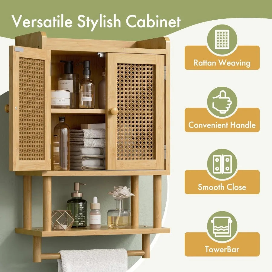 Xiuwo Bamboo Over Toilet Cabinet With Towel Bar For Bathroom