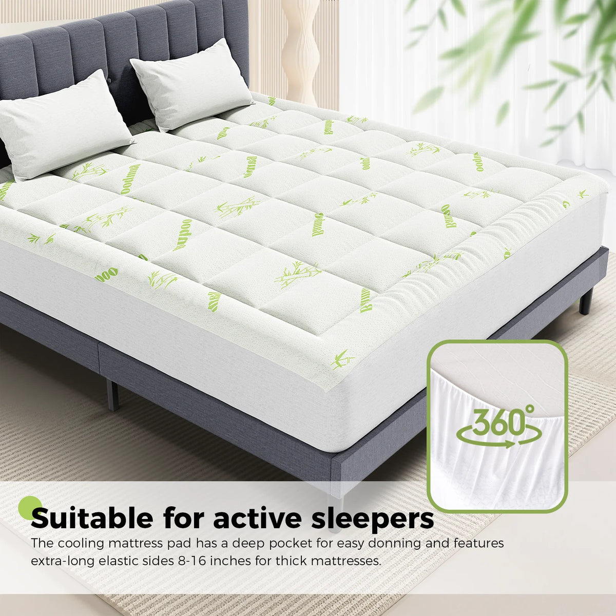 JHK Bamboo Fiber Mattress Topper Deep Pockets for Comfort