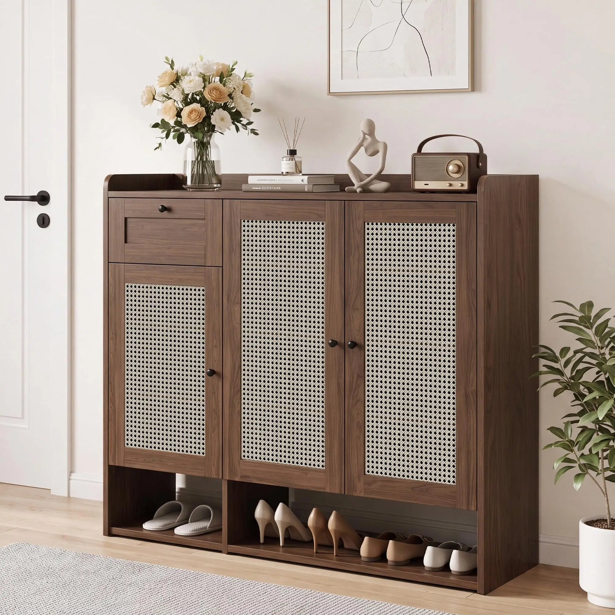 HiMISS Bamboo Rattan Shoe Cabinet With Drawer And Adjustable Shelf