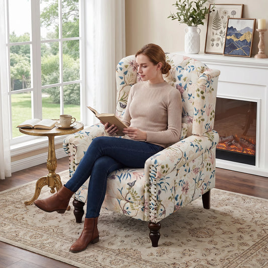 Tcgbkaf Vintage Floral Fabric Mid-Century Living Room Wingback Chair