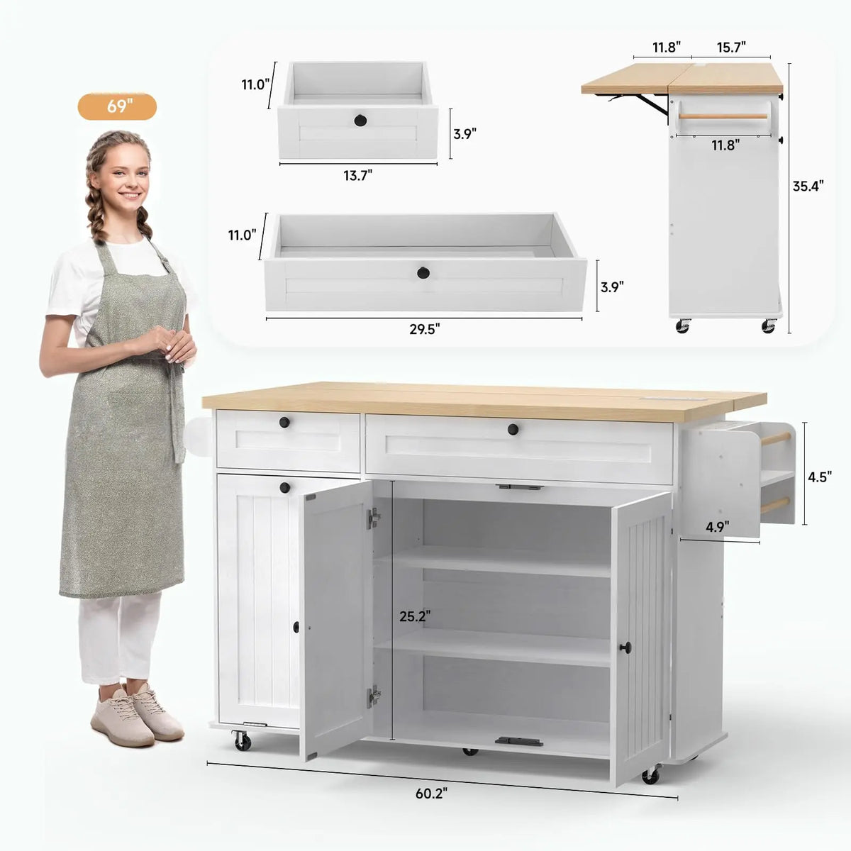 ONBRILL Mobile Kitchen Island Cart With Power Outlet Spice Rack Drop Leaf