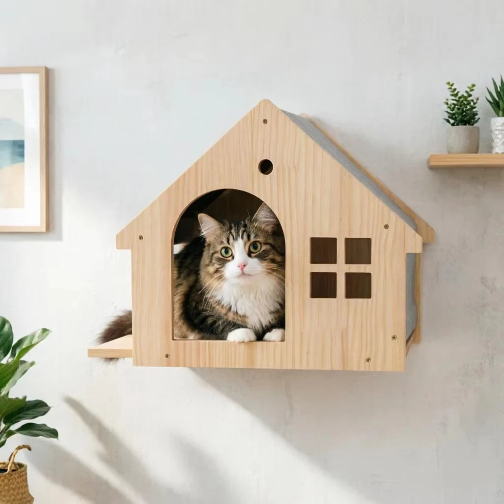Wooden Wall Mounted Cat Condo Floating Shelf Villa