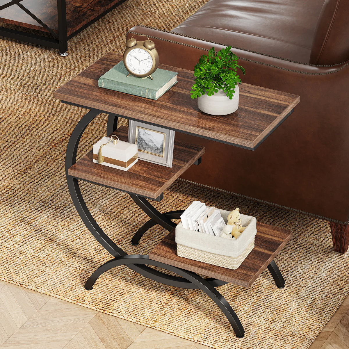 Tribesigns Industrial C Shaped End Table With Three Tier Storage