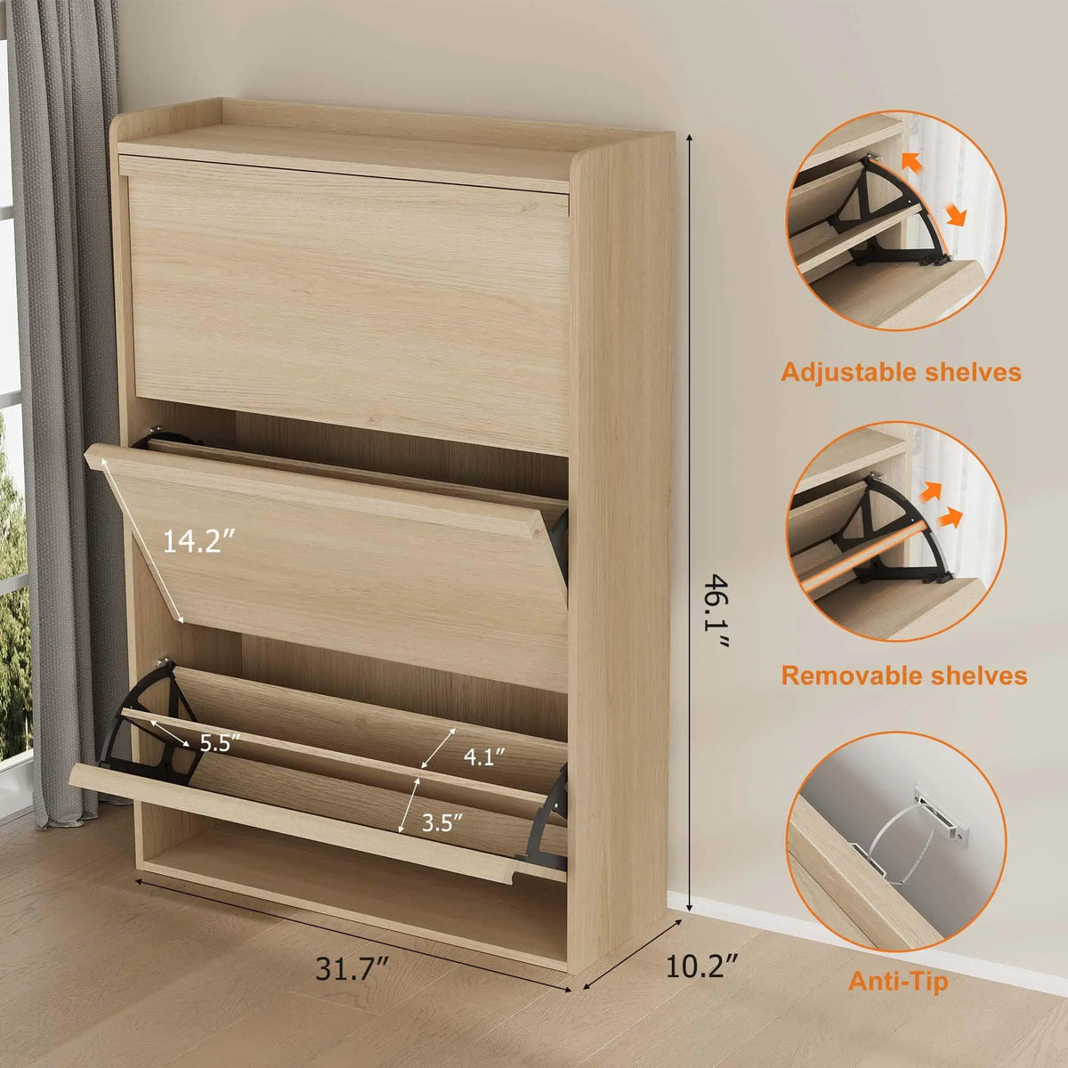 HiMISS 3 Drawer Wooden Shoe Cabinet Freestanding Home Storage Organizer