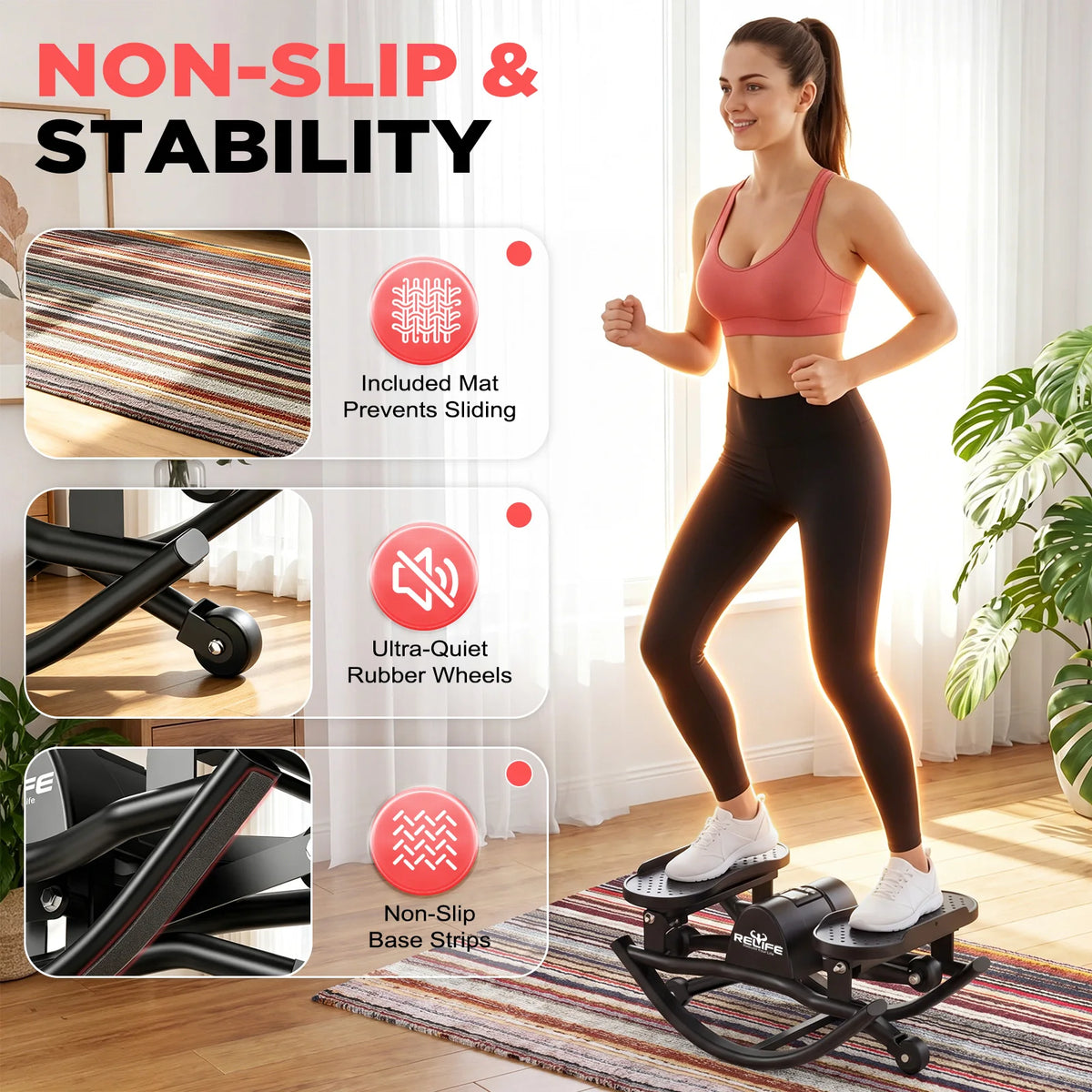 3D Lateral Rocking Stepper With Resistance Bands For Home Fitness