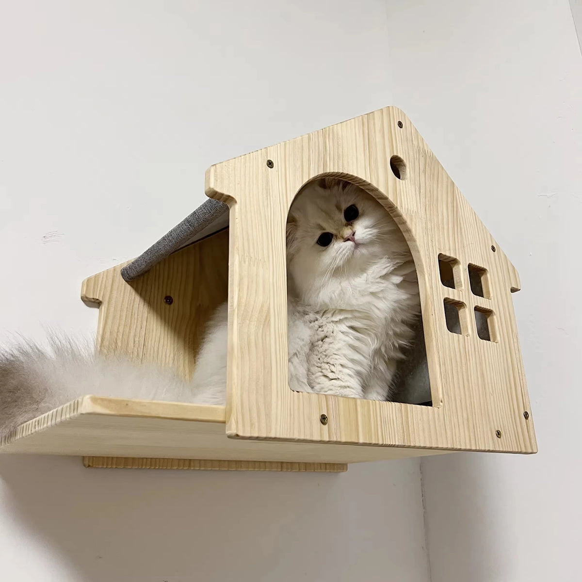Wooden Wall Mounted Cat Condo Floating Shelf Villa