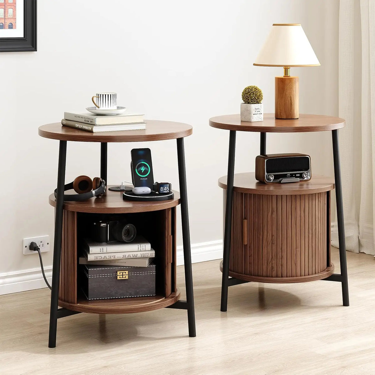 Onbrill Fluted Round End Table Set Of Two Wooden Nightstands