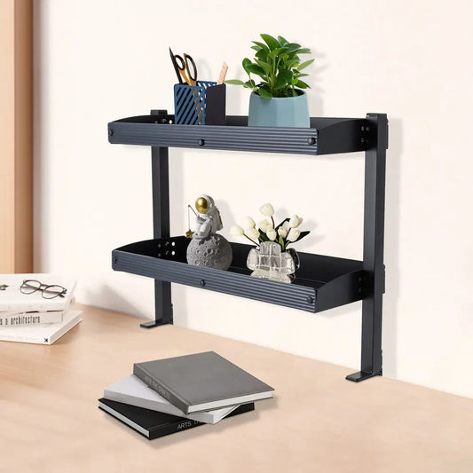 Adjustable Metal 2-Tier Clamp-On Desktop Shelving With Tray