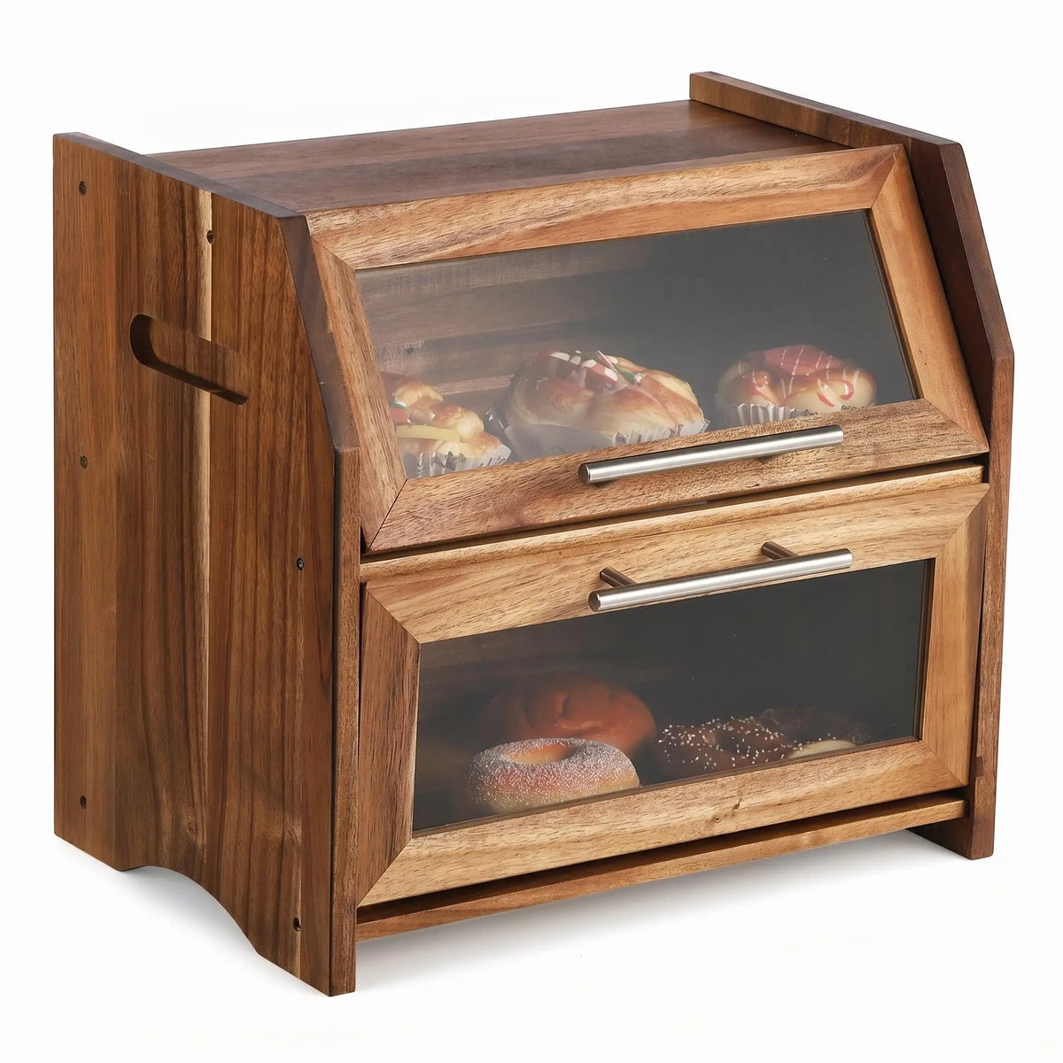 HiMISS Double Layer Acacia Wood Bread Box Clear Vented Doors